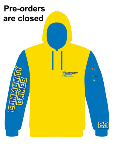 PRE-ORDER Community Games 2023 National Finals Hoodie - Indoor Teams, Cross Country, Marathon & Cycling on Grass (May 27th & 28th Names)